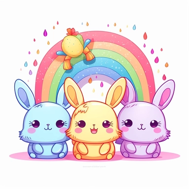 create a kawaii clipart set of 4 featuring very cute kawaii bunnies with a rainbow friend. Add a very charming expression to them. White background