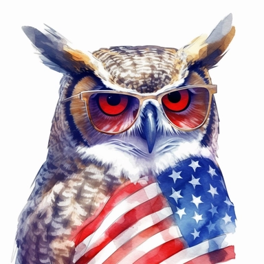 Great horned owl is standing, wears American flag scarf and sunglasses, closeups shot, low angle, watercolor style, hyper-realistic animal illustrations, 2d game art, quadratura, clipart, on white background,
