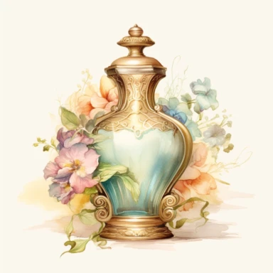 Vintage Victorian Perfume Bottle, Antiques in the style of dreamy watercolor florals, layered images, oil, Clipart style, bucolic scenes, Victorian flowers, miniaturecore, futuristic Victorian, realistic painting style, high details, Vectorized with white background, 8k,