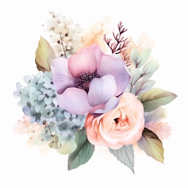watercolor floral clipart free, filled with hydrangea, carnations and roses, in the style of realistic usage of light and color, in the style of soft pastel watercolors, harmonious composition, soft pastel colors, mauve, pink, and baby blues, soft focus romanticism, decorative paintings, large canvas sizes, colorful patchwork, eye-catching composition, dense composition, high resolution