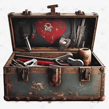 vintage toolbox filled with tools with red broken heart repaired as the lock clipart