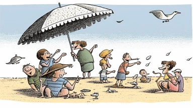 Clipart style, humorous beach scenario, sunburned tourist trying to open a stubborn beach umbrella, seagull stealing an ice cream cone, children burying their friend in the sand, simplified forms for humor, line art for comedic expressions, stipples for texture in the sand and water
