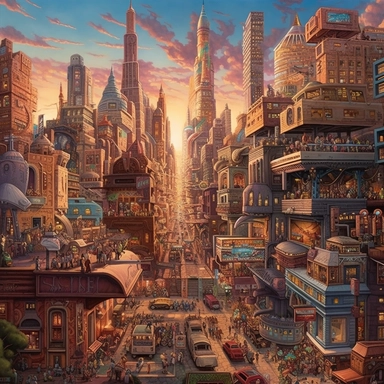In a bustling cityscape where the boundaries of reality blur, imagine a vibrant and eclectic scene that seamlessly blends everyday urban life with unexpected and whimsical elements. As the sun sets, casting a golden glow across the horizon, the city comes alive with an array of random objects and fantastical surprises. At the heart of this surreal metropolis, towering skyscrapers stand tall, their sleek glass facades reflecting a kaleidoscope of colors. Amidst the concrete jungle, peculiar featu