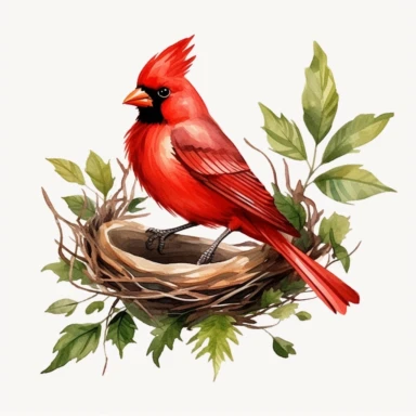 red cardinal bird with nest, clipart, minimalism, watercolor, green leaves