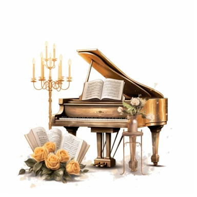 luxury gold piano with a seat, roses, music book and luxury candle digital clipart on white background