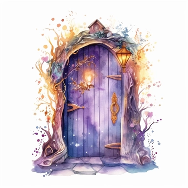 cartoon fairy door, glowing lights and sparkles, purple gold and blue, glamorous realistic and detailed, watercolor, white background with margins, clipart style