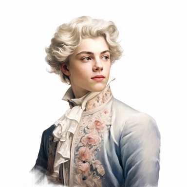 beautiful stunning handsome boy in vintage baroque fashion , paint art style, clipart, white background, superrealistic, one of a kind