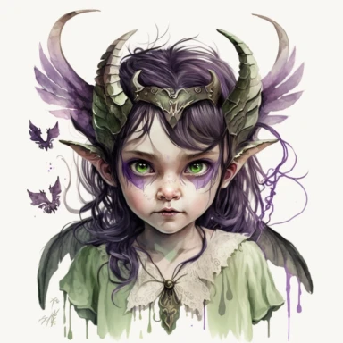 boho little girl, big eyes, maleficent, green glowing eyes, horns and wings, shades of purple clothing, very detailed and realistic, half body, watercolor, white background with margins, clipart style,