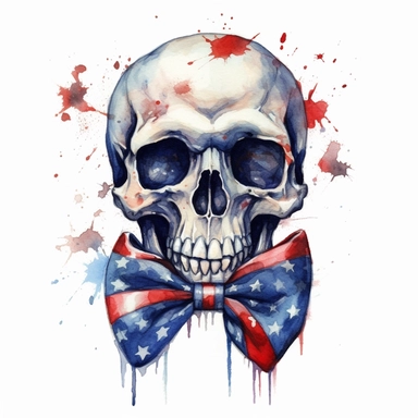 watercolour skull wearing a bow tie painting american flag, in the style of digital mixed media, splatter paintings, full body, tattoo, parodic, sentimental realism, ferrania p30, clipart