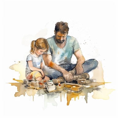 Father and child working on a DIY project or fixing something together, water color style, clipart, white background