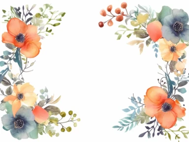 whimsical square frame, watercolor clipart, lakeside flora, soft colors, white background