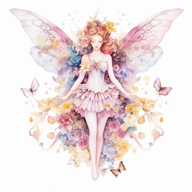 watercolor, hyper realistic, white background, white margins, 16k, ultra detailed clipart, cut out image, hand-drawn goddess surrounded by a garden of blooming flowers. Use soft pastel colors and include elements like butterflies, hummingbirds, and swirling petals to enhance the whimsical feel. Soft Pastels - Create a dreamy atmosphere with a color scheme consisting of delicate pastel shades like lavender, mint green, baby blue, and pale pink