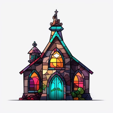 a little cartoon church, pixar, clipart, stained glass windows, cross on top, blank background, sharp lines, 8k