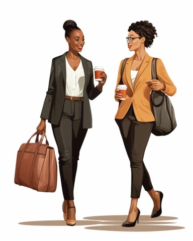 Extremely realistic digital illustration clipart, vector art of ultra beautiful African American women entrepreneurs with beautiful hair, dressed in business clothing of the year 2023, one carrying a briefcase, one carrying a laptop, one talking on a cellphone, one holding a cup of coffee, standing side by side on a white background in the style of gil elvgren