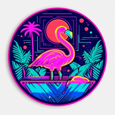 A hypnotizing sticker design, featuring a quirky, neon pink and electric blue, cartoon flamingo DJ, spinning records in a tropical nightclub, embodying the vibes of discowave, junglepunk, rhythmcore, luminous outlines, plush avian art, scattered vinyl record symbols, intricately detailed groovy lines, vector rendering, dancefloor masterpiece, club scene photography, vibrant, neon palm background, isometric perspective, energetic vector, clipart, illustration, club scene realism, 4k brilliance, c