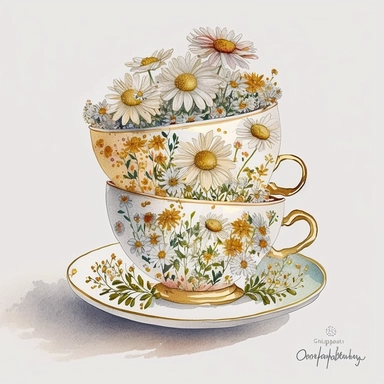 3 stacked vintage teacup, daisies inside, glitter around, white, gold, glitter, fantasy, realistic illustration, watercolor, by Dinara Mirtalipova, by Disney, by rifle paper co, bright and airy Colors, concept art, white background, clipart