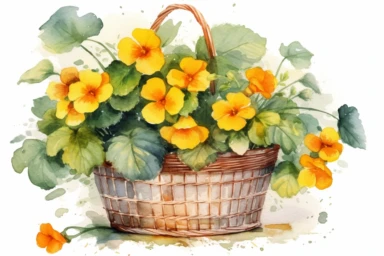 Watercolor , Primrose in a Metal mesh basket, clipart, hd, on a white background, spaced out