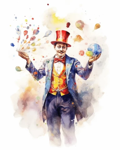 commercial shot of realistic watercolor circus magician clipart, amazing, 8k, sublimation, high quality watercolor style clipart, intricate design, clipart festival, white background no text, isolated on white, ghibli style, award winning,