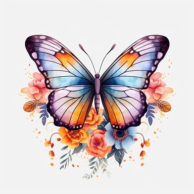 Beautiful colorful butterfly on flowers, summer vibes, hand drawing digital art, clean design, clean art, sublimation, colorful, watercolor style, white background, 4K, extremely detailed, clipart