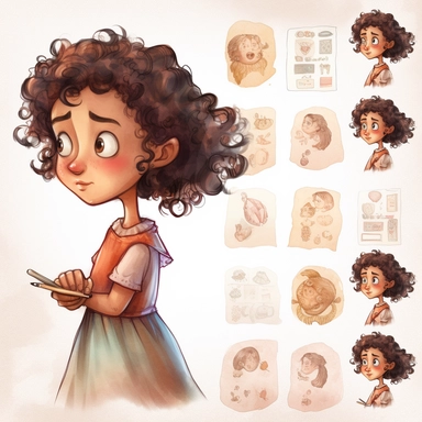 Little girl exploring, character sheet, illustration for book, children's book, multiple positions,five years old, curly hair, dark brown hair,Watercolor Clipart, strybk, full Illustration, 4k, sharp focus, watercolor, smooth soft skin, symmetrical, soft lighting, detailed face, concept art, watercolor style, strybk, children's style fairy tales, chibi kawaii, . Octane rendering, 3d. Perfect face, detailed face, delicate face, perfect sharp lips, detailed eyes. Craig Davison, Aubrey Beardsley, C