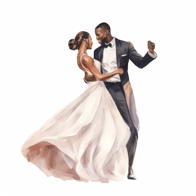 watercolor, drawing, illustration of the bride and groom, dark-skinned couple, wedding dance, clipart, high resolution format, photorealistic, 3D. 4K