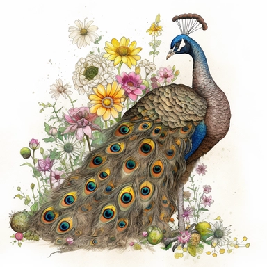 a peacock displaing in the style of James Christensen, summer flowers ,clipart, watercolor style, fantasy, ultra detailed, white plain background, single object, print on demand image, PNG transparent background, white background for removing background