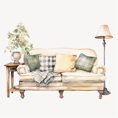 watercolor, hyper realistic, white background, white margins, 16k, ultra detailed clipart, cut out image, hand-drawn an image of a home decor with a couch and pictures on it, in the style of snailcore, watercolor illustrations, website, naturecore, handcrafted objects