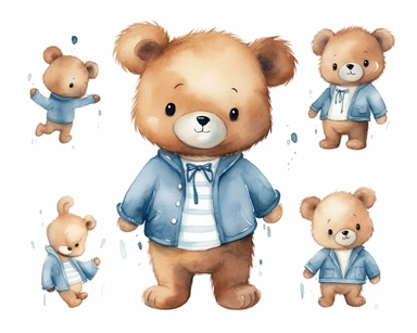 Super cute little teddy bear three months old character dressed in a blue shirt , blushing, by Brigette Barrager, Watercolor clipart in the style of nursery art children book character, character sheet, different angles and emotions, hand drawn, white background