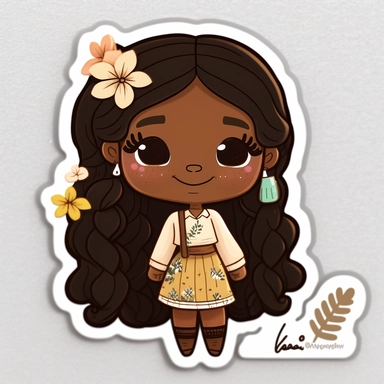 Clipart sticker of happy adorable laughing brown skin black kawaii girl wearing a cozy fall sweater, autumn leaves, printable planner sticker, white thick stroke, cozy illustration