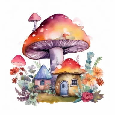 Colorful watercolor mushroom cozy home clipart, mythical aura, colorful tones, featuring spring time elements such as flowers, foliage, white background, colors that have a heavy contrast to white background