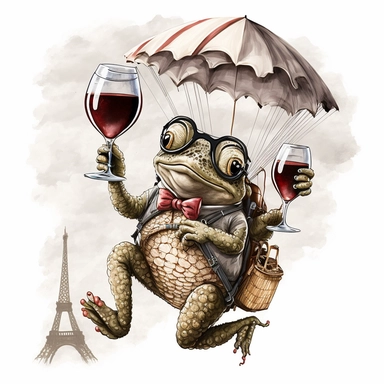 studious toad with glasses and red wine in his hand while parachuting from the Eifel tower, vintage, funny, white background, clipart, no shadows, caricature