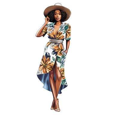 African american woman wearing floral dress and fedora hat Boss lady clipart modern fashion style anatomically correct realistic isolated white background