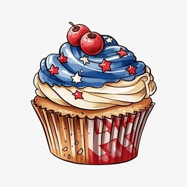 4th of July Patriotic Clip art of 4th of july patriotic cupcake, red, white & blue Full body realistic cartoon in 32K UHD cute, 8k with realistic watercolors and detailed illustrations. PNG clipart, Sublimation graphics, transparent white background for removing background - - no text shadow font watermark