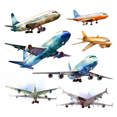 many big airplanes in watercolor style, Clipart, white background