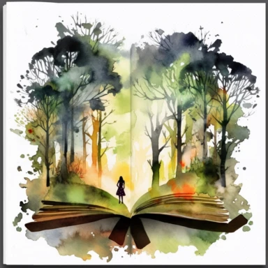 Watercolor clipart open book with silhouette of women in it with internal open forest