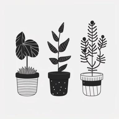 Potted Plants, Clipart, Cartoon style, Outline, Black on white background, Very simple, Minimalist, No Noise Flat