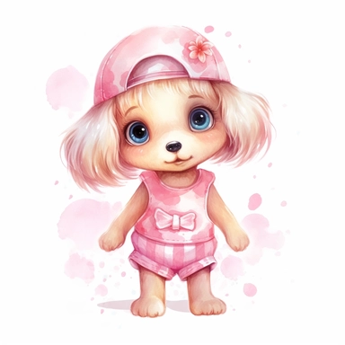 Cute cartoon baby dog girl with big eyes in beautiful pink pastel summer clothes, clipart, hand painting watercolor, watercolor paper textute , white background