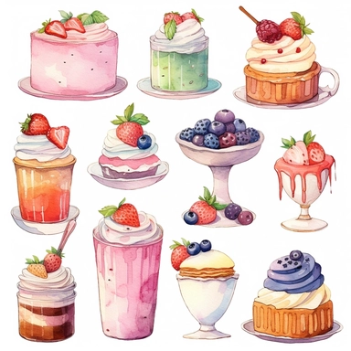 watercolor desserts clipart, flat style, no volume, few details, washed out, minimalistic style, very lose details, very light colors, transparent colors, light airy hues and pastel tones, spaced out, white background, washed out colors and paint, hand-painted watercolor, watercolor paper with visible rough paper texture, a variety of watercolor brushes, do not cross workspace borders, rough watercolor paper texture on top