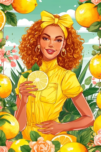 clipart, cartoon illustration, christa mckenzie pose and head pose photos a new lemonade business website, in the style of vibrant lemon and floral backdrops, synthetism-inspired, pop cultural, 32k uhd, smilecore, embroidery art, bold curves