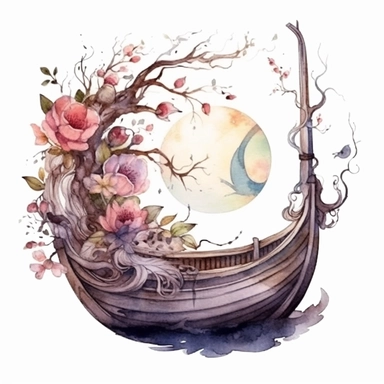 clipart, isolated on white background, Watercolor spring fairy and flowers and branches and grass and leaves, moon and boat, ornated, pastel colors
