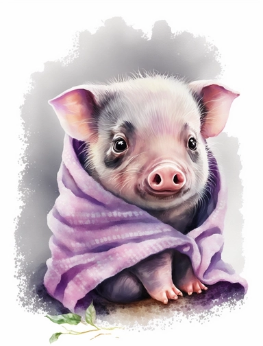cute baby pig in a purple blanket, watercolor clipart, transparent background,