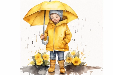 little kid wearing yellow rain coat and boots with umbrella, watercolor clipart