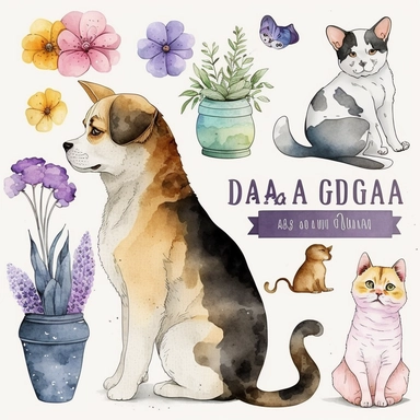 Design a Mega Dog and Cat Clipart Bundle with Watercolor Illustrations showcasing different breeds of cats and dogs. The illustrations should depict the back view of the animals sitting in a relaxed posture. The bundle should have a total of 600 images and should cater to pet lovers of all ages. The watercolor style should be vibrant, with a blend of colors and should be appealing to the eyes. Ensure that the illustrations are detailed, and each breed should be identifiable at a glance