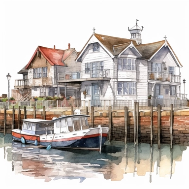beautiful british seaside Harbor, clipart, isolated on white background, watercolor, high detail, unique, intricate detail, hand-painted