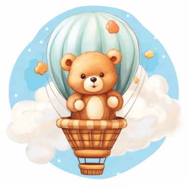 cute cartoon Teddy Bear sitting on top of a hot air balloon in the clouds, clipart, white background