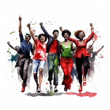 watercolor,hd, clipart,happy, in the style of jean basquiat,group, celebrating Juneteenth,full body, party, freedom,red,black and green, on white background
