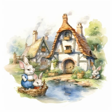vintage, clipart, illustration, water color, scene, rabbits in a hobbit village, white background