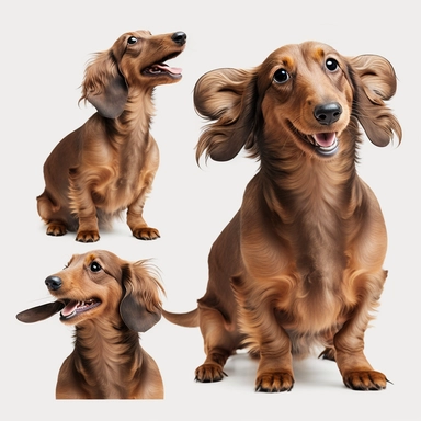 brown dachshund on a white background, many pose, funny, tongue out, clipart, photorealism