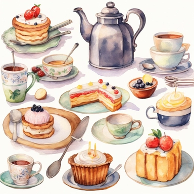 Watercolor vintage tea party items, illustrations clipart set, simple, soft colors, cartoon elements, different variants, teapot, sugar bowl, bun, jug of milk, cake stand, scones, china cup and saucer, , napkin, clotted cream, , knife, fork, jam, slice of cake on plate, tea cups, stacked teacups, lemondish, butter and bisciuits, , tea jars, , separate elements with a margin