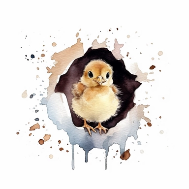 realistic waterolor small chick hatch from the egg with cracked egg shell on the ground, solid white background, clipart